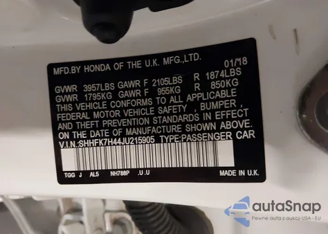 2018 Honda Civic Sport from USA, damaged, VIN SHHFK7H44JU215905